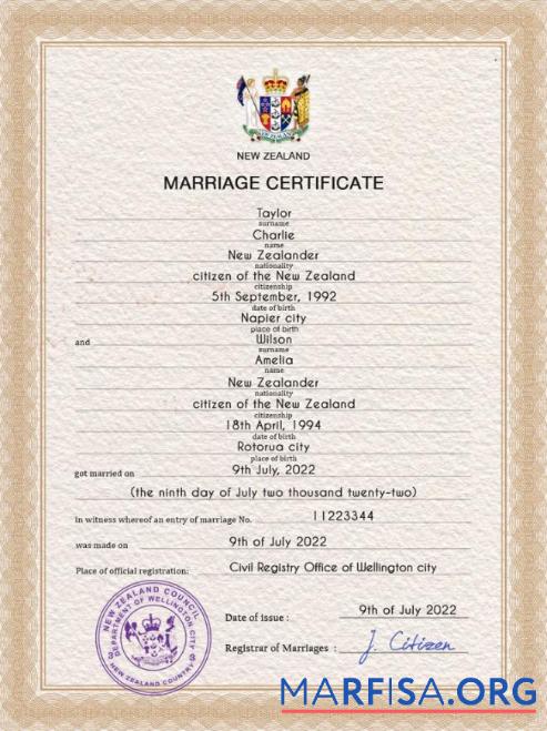 Realistic New Zealand marriage certificate PSD template